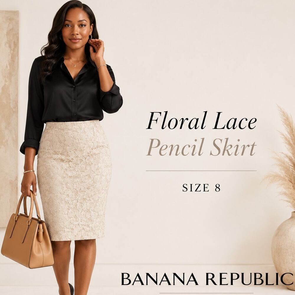 Banana Republic Size 8 Beige Floral Lace Pencil Skirt Lined Career